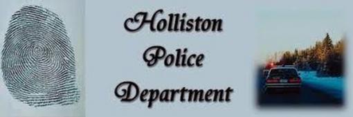 The Words Holliston Police Department in the middle with an image of a fingerprint on the left and a car driving in winter on the right.